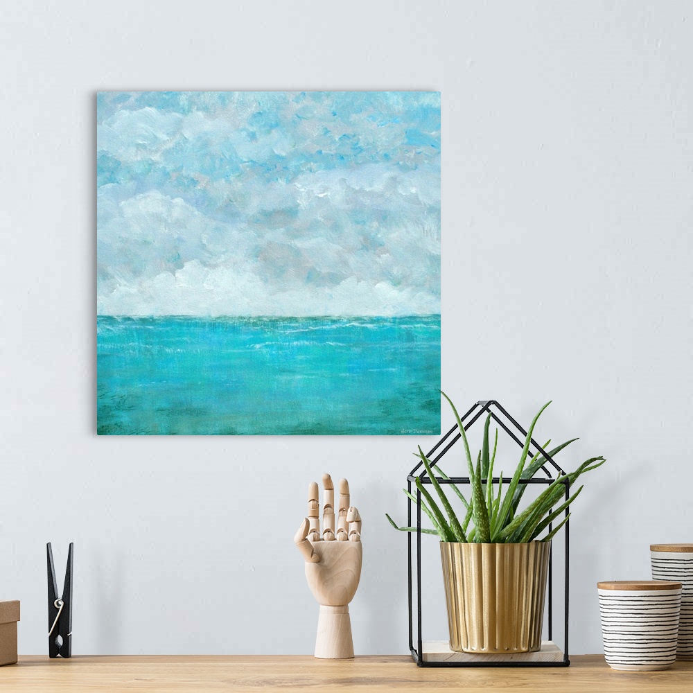 A bohemian room featuring Abstract seascape with a cloudy sky on a square background.