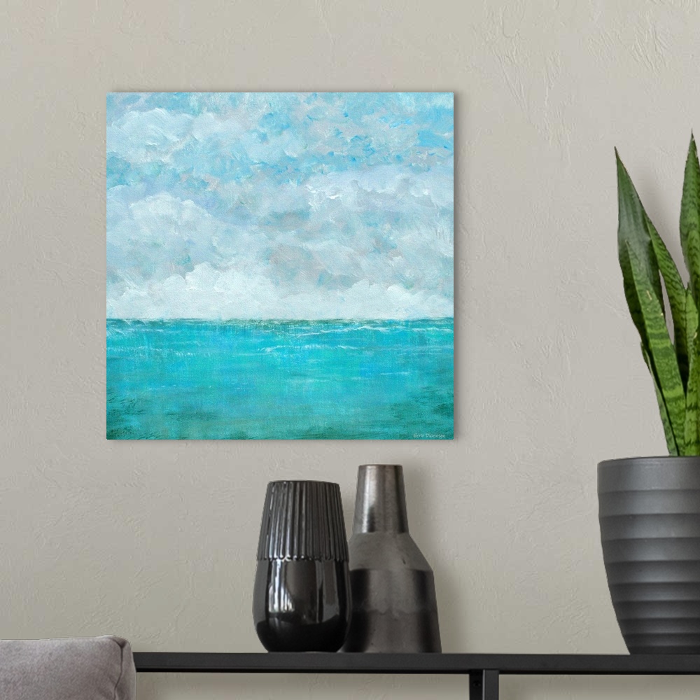 A modern room featuring Abstract seascape with a cloudy sky on a square background.