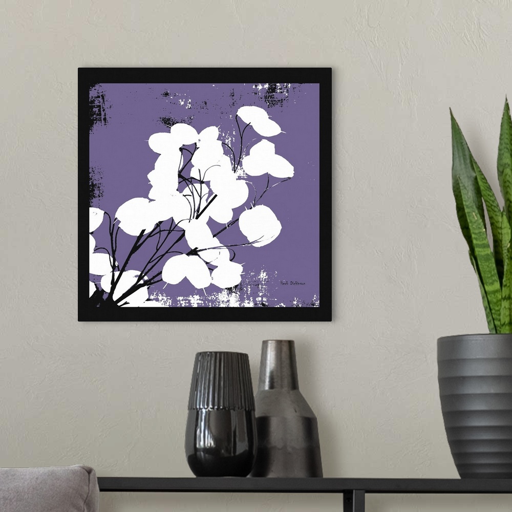 A modern room featuring Square silhouetted painting of a money plant in purple, black, and white, with a black boarder.