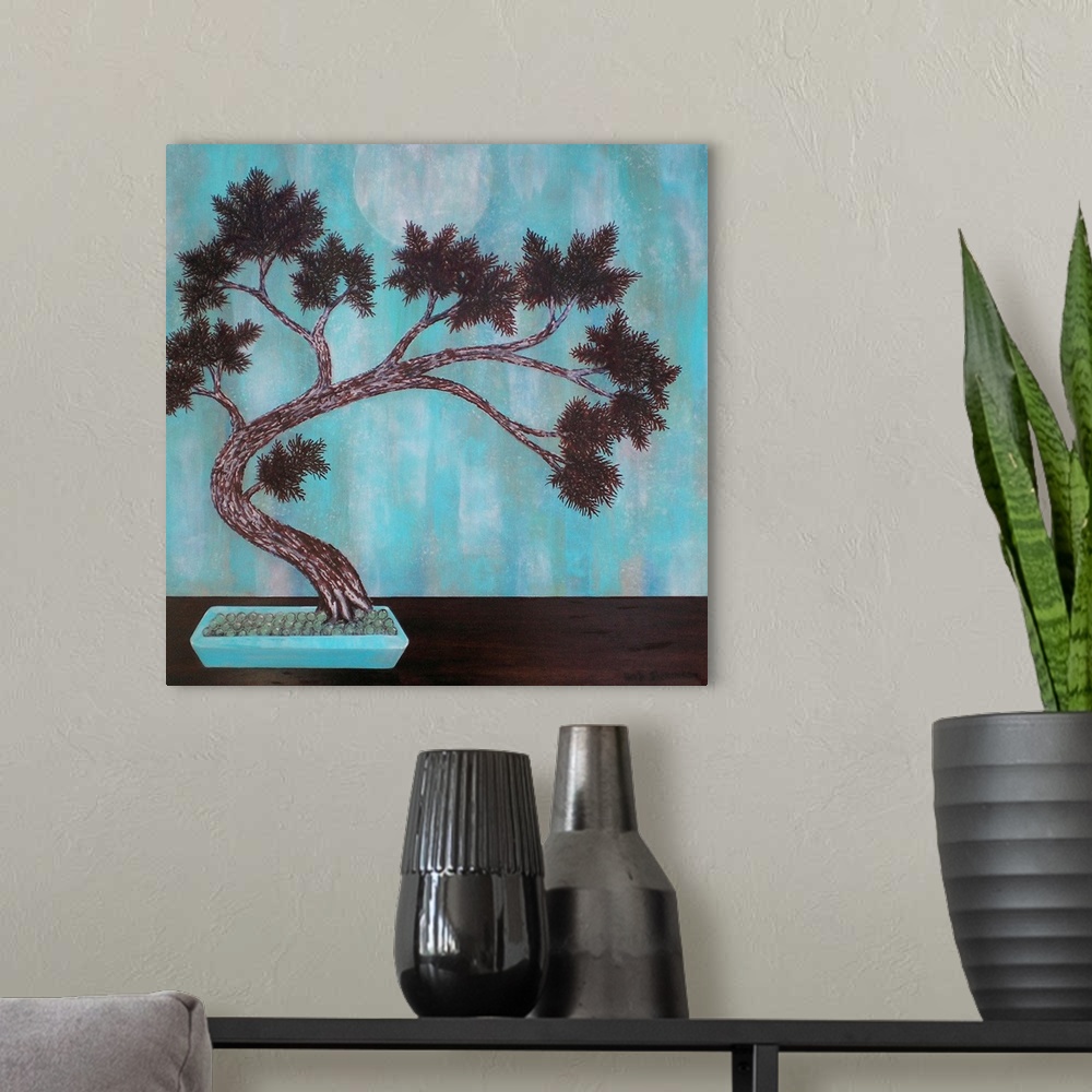 A modern room featuring Painting in aqua blues/greens and brown with a Feng Shui asian feel.