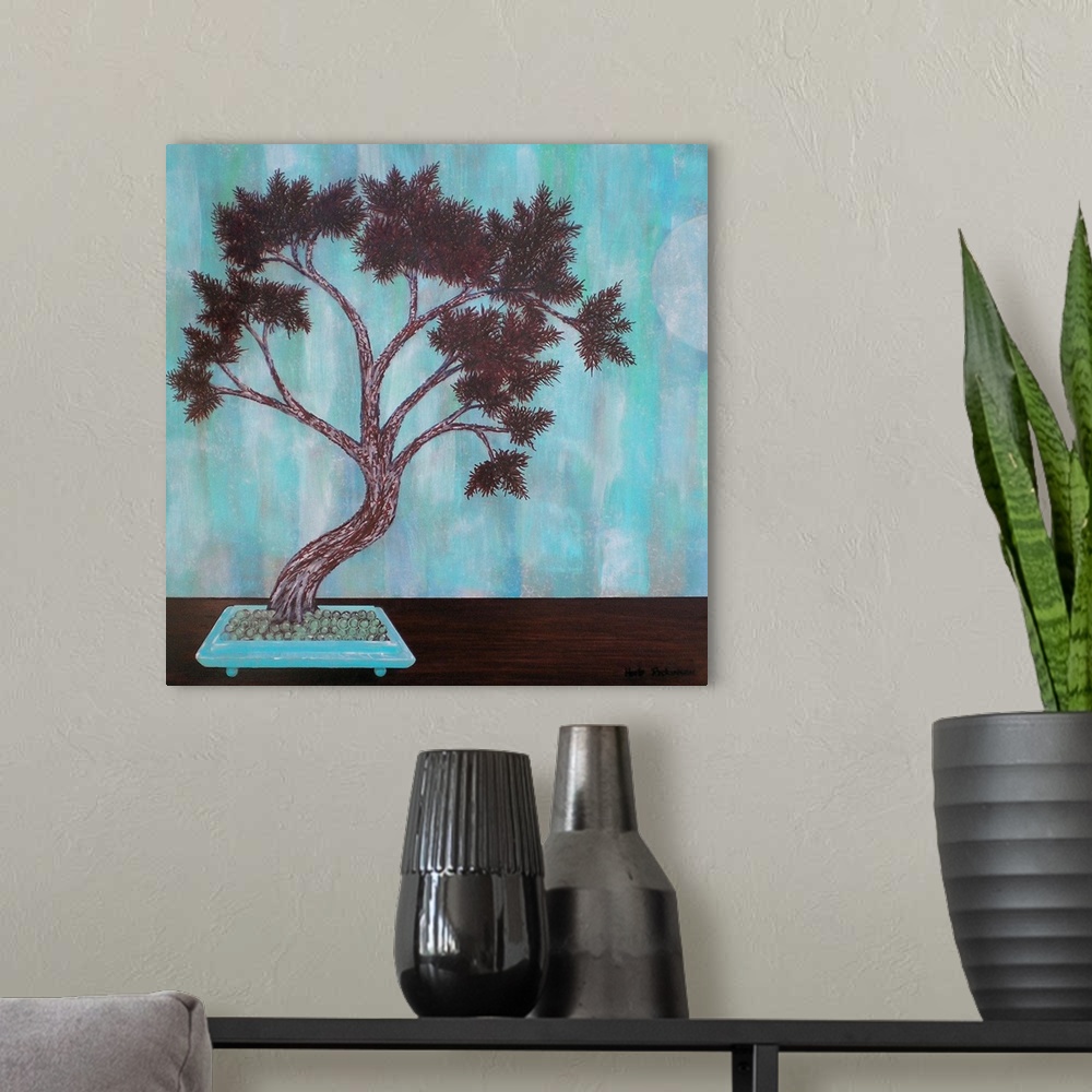 A modern room featuring Painting in aqua blues/greens and brown with a Feng Shui asian feel.