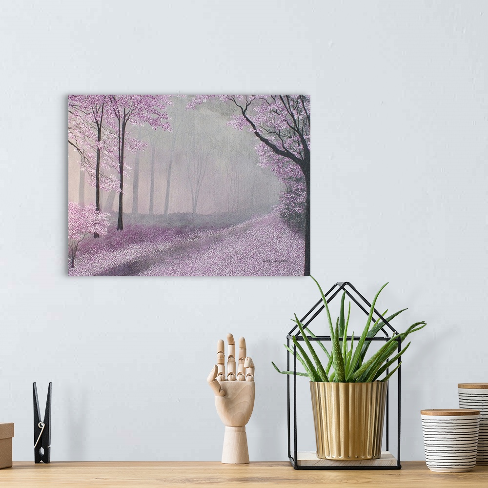 A bohemian room featuring Forest landscape with pink, white, and purple leaves in the trees and covering the ground with a ...