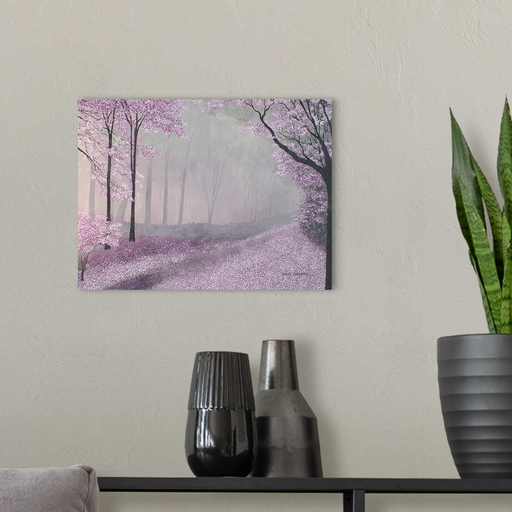 A modern room featuring Forest landscape with pink, white, and purple leaves in the trees and covering the ground with a ...