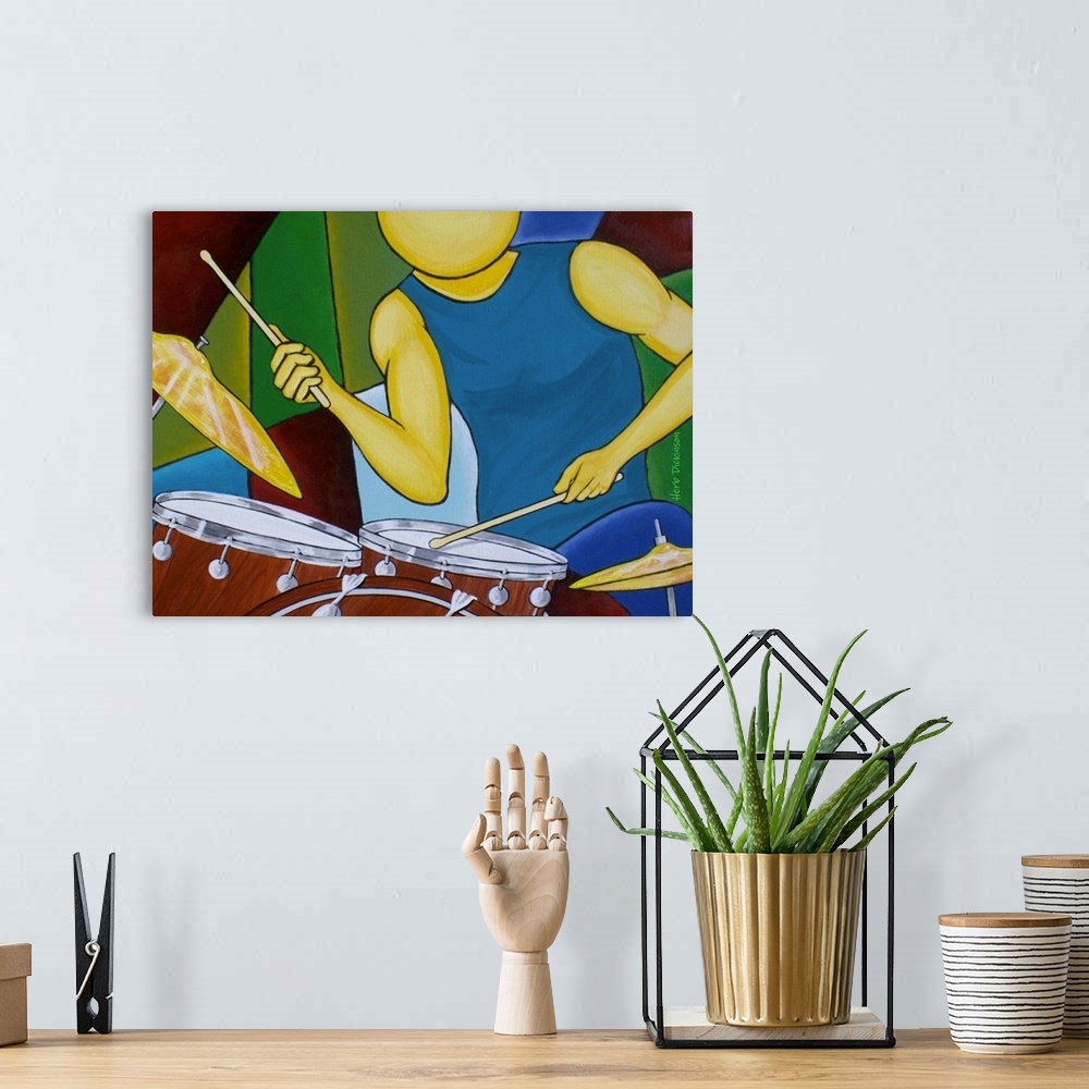 A bohemian room featuring Abstract painting of a faceless person playing the drums.