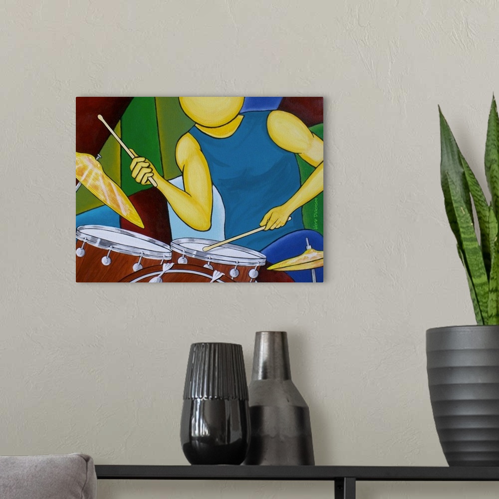 A modern room featuring Abstract painting of a faceless person playing the drums.