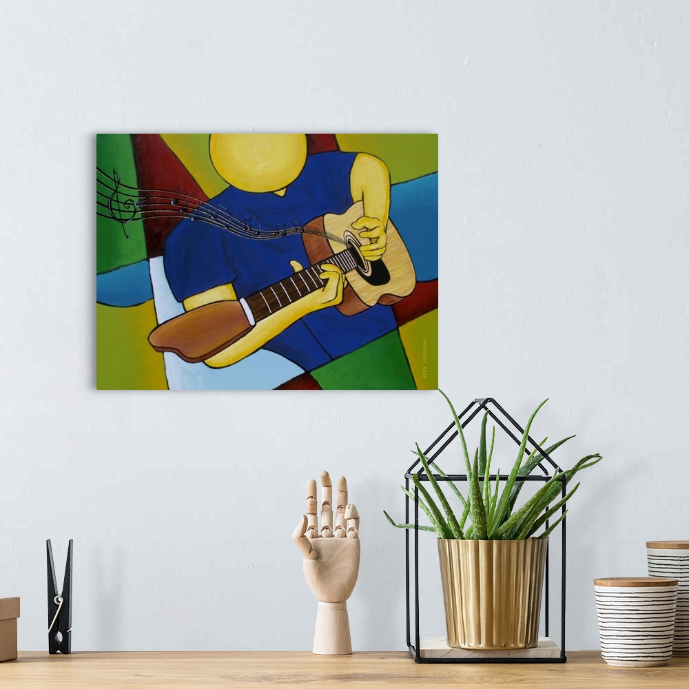 A bohemian room featuring Abstract painting of a faceless person wearing blue and green playing the guitar with music notes...