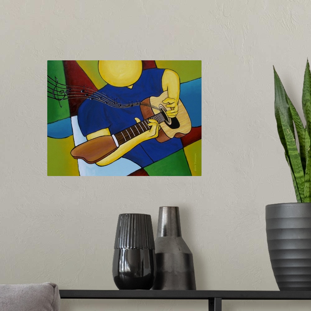 A modern room featuring Abstract painting of a faceless person wearing blue and green playing the guitar with music notes...