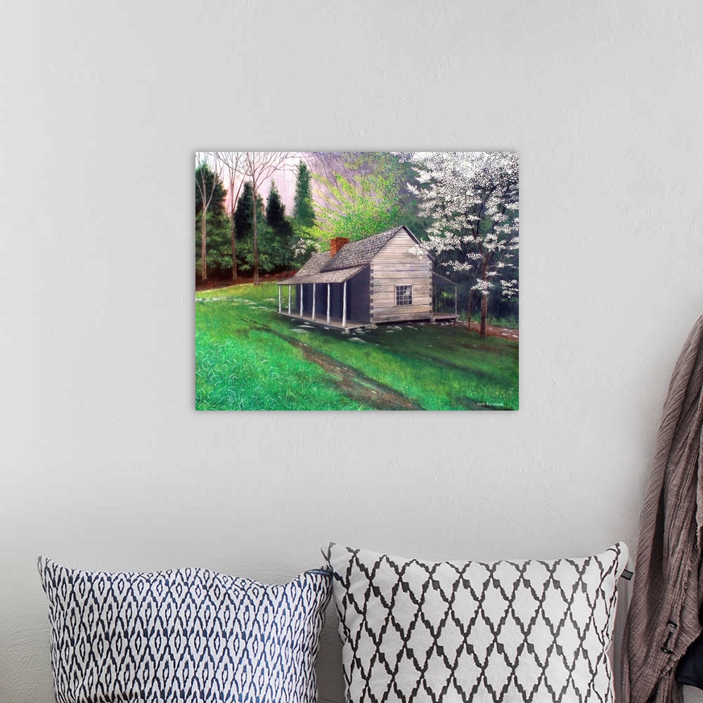 A bohemian room featuring Contemporary painting of an old cabin is in the park area at Gatlinburg, Tennessee.