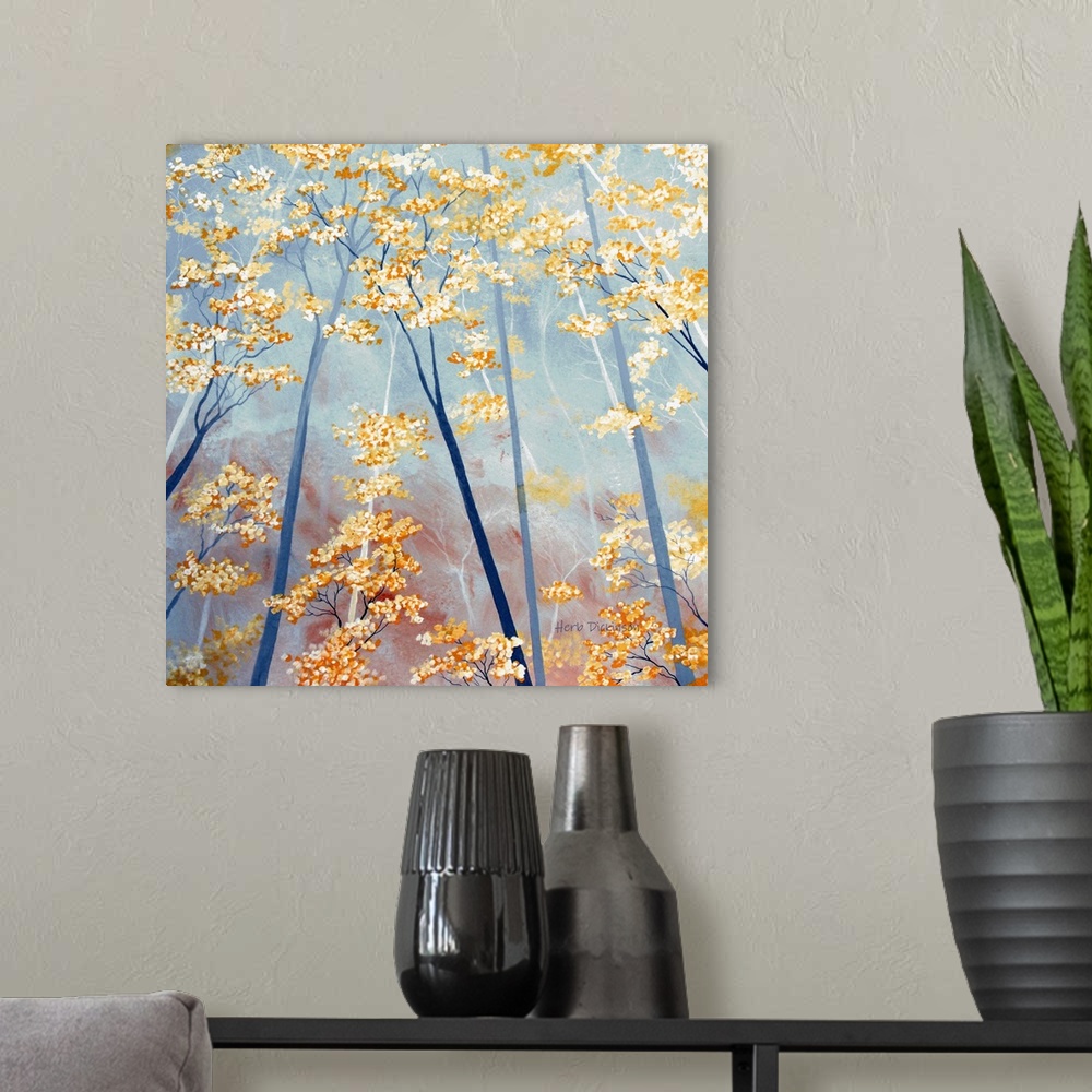 A modern room featuring Square painting of orange tree tops with tree trunks made in shades of blue.
