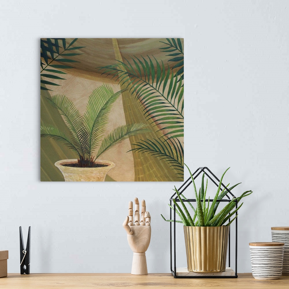 A bohemian room featuring Square still life painting of a potted palm plant surrounded by palm branches in earth tones.