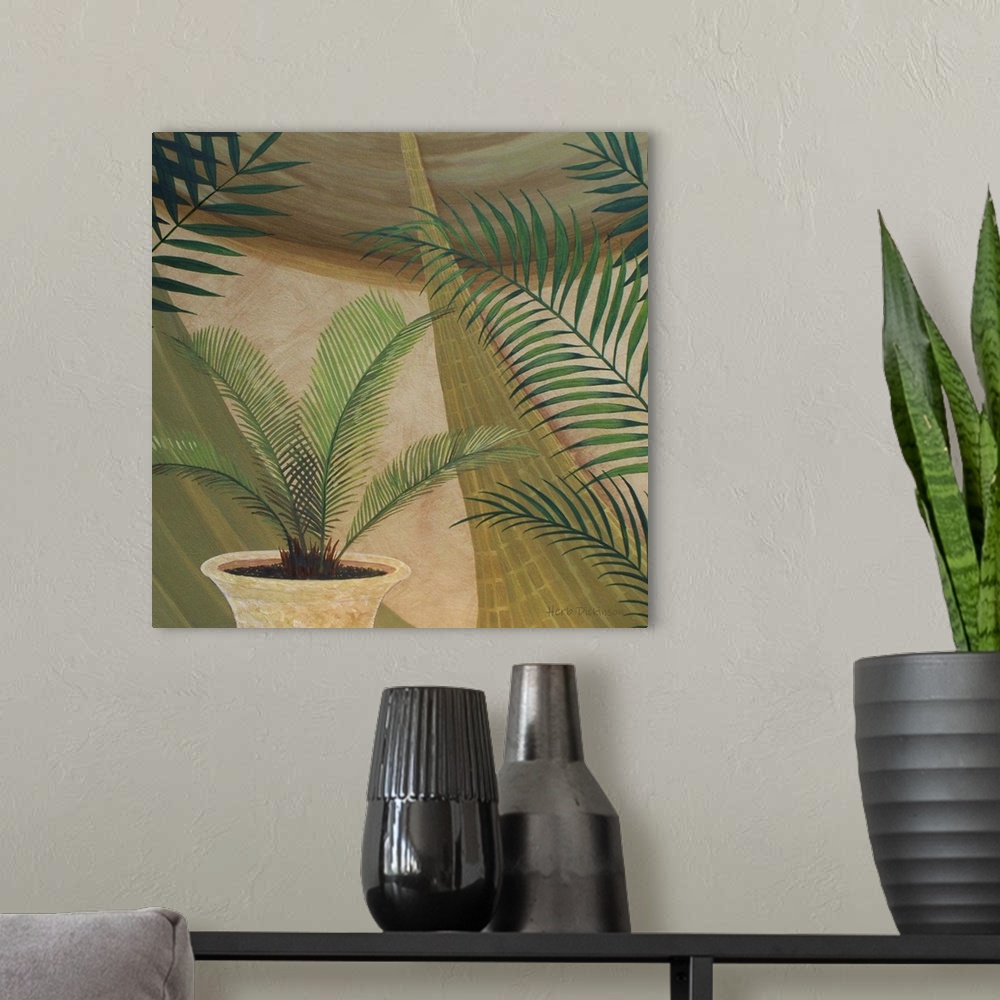 A modern room featuring Square still life painting of a potted palm plant surrounded by palm branches in earth tones.