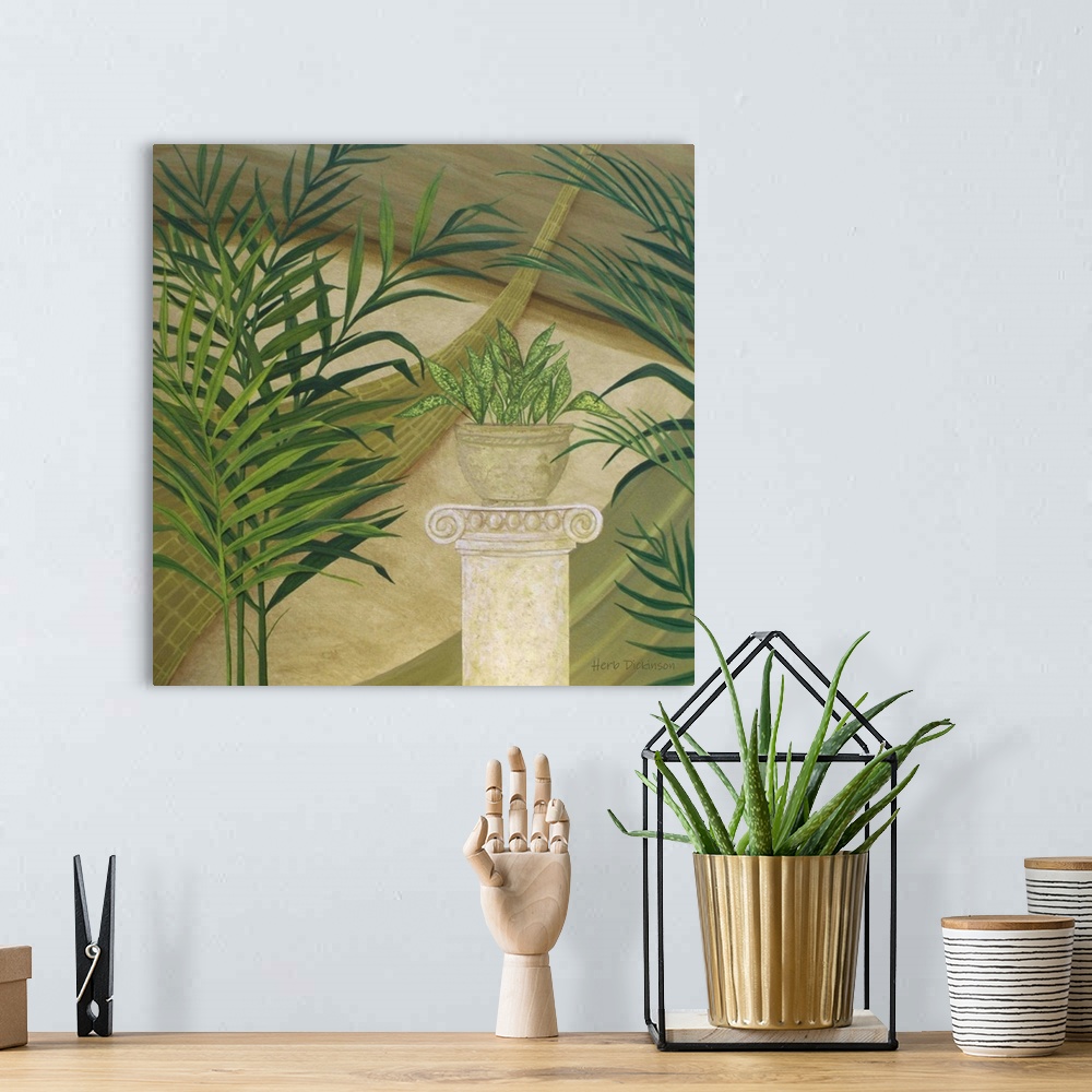 A bohemian room featuring Square still life panting of a potted plant sitting on a decorative column, surrounded by palms.