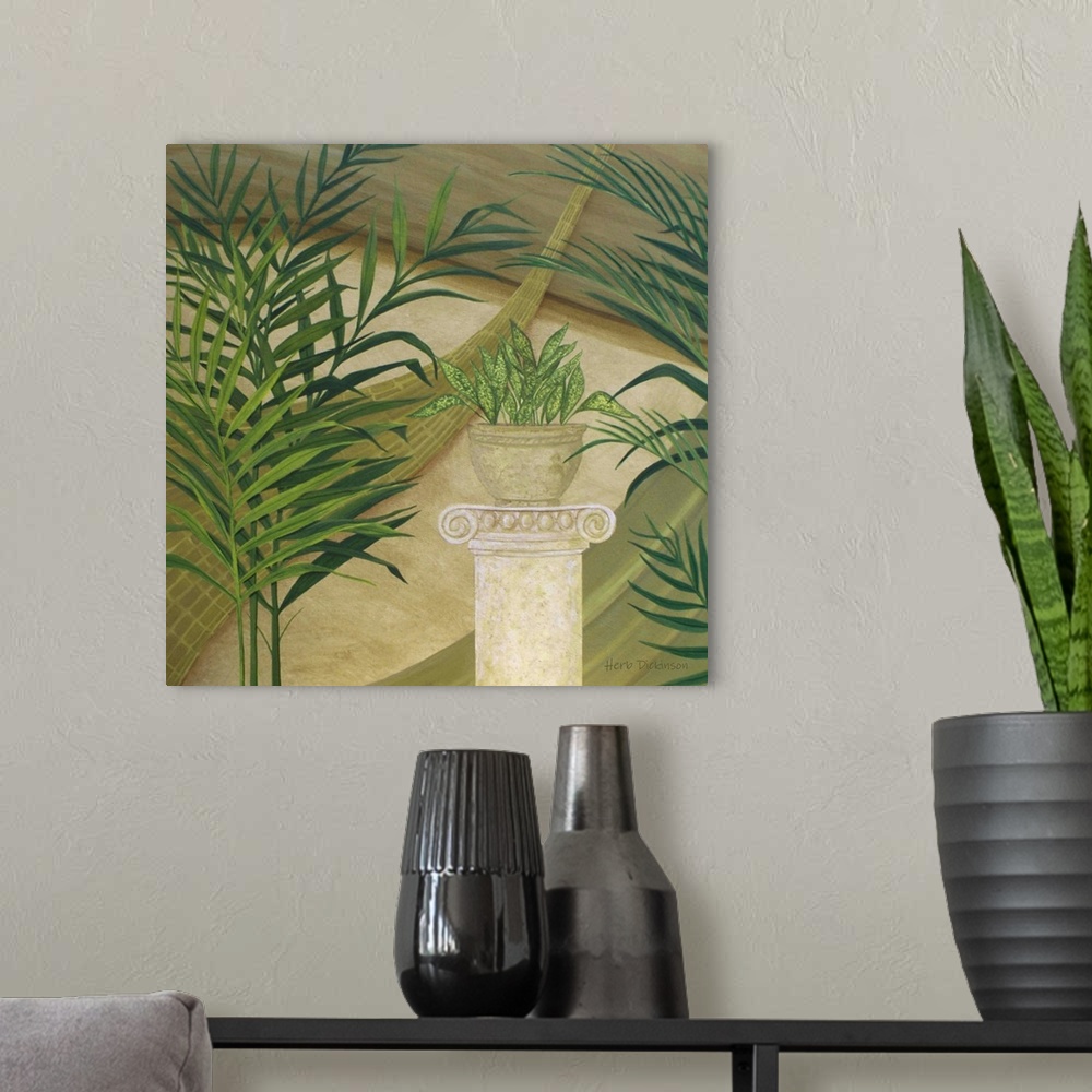 A modern room featuring Square still life panting of a potted plant sitting on a decorative column, surrounded by palms.