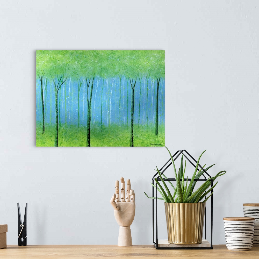 A bohemian room featuring Impressionist tree landscape painting in shades of green and blue.