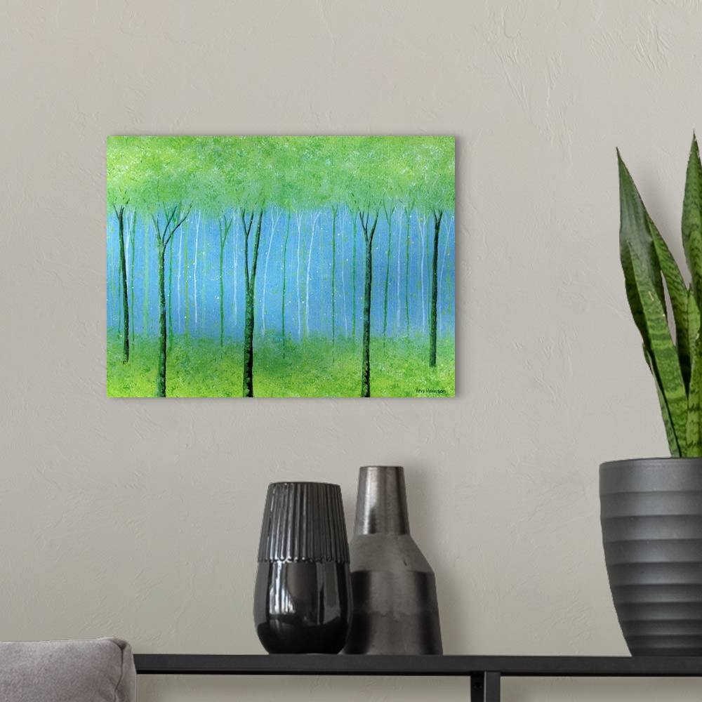A modern room featuring Impressionist tree landscape painting in shades of green and blue.