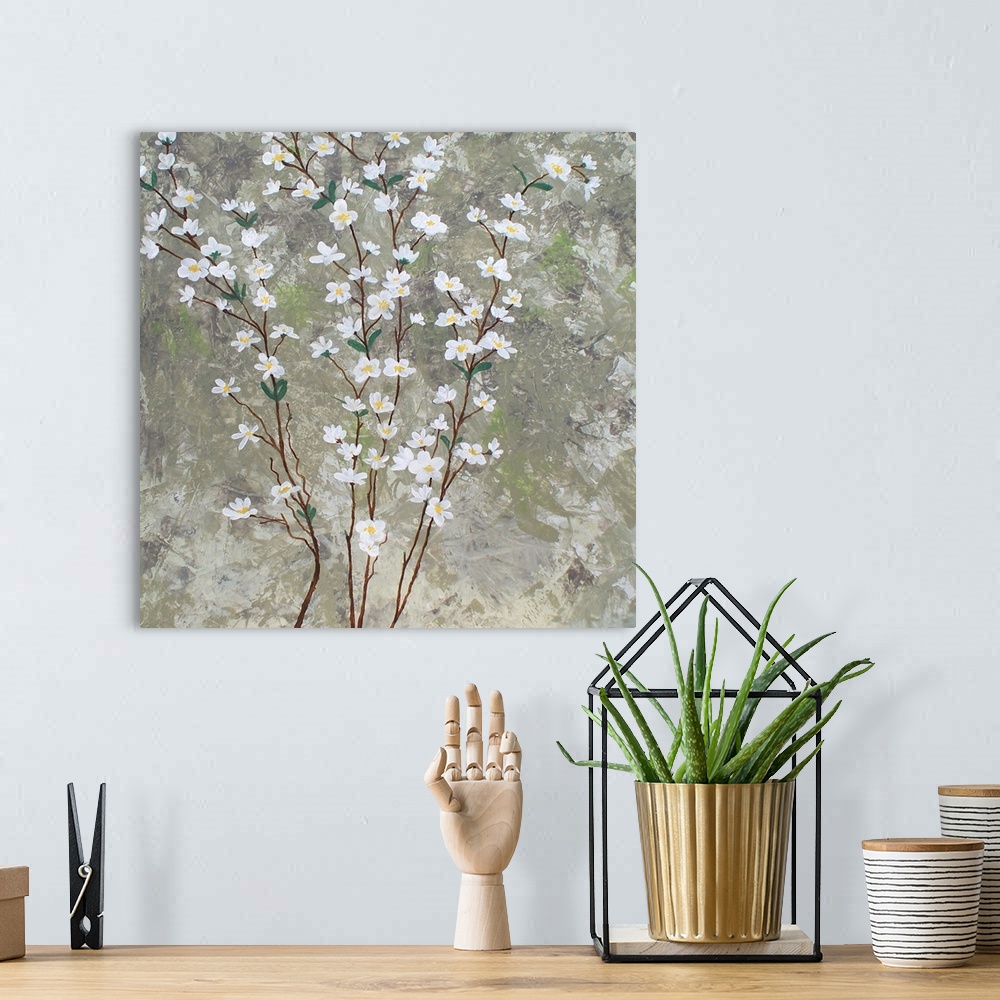 A bohemian room featuring Contemporary painting of thin branches with white pear blossom flowers running vertically up the ...
