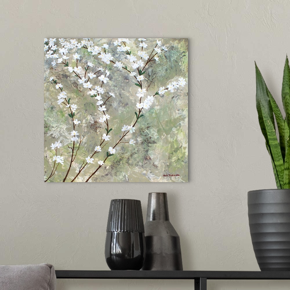 A modern room featuring Contemporary painting of thin branches with white pear blossom flowers running vertically up the ...