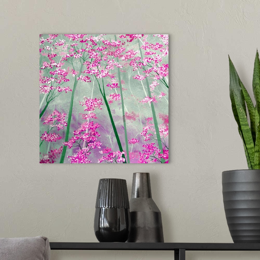 A modern room featuring Square painting of pink tree tops with tree trunks made in shades of green.