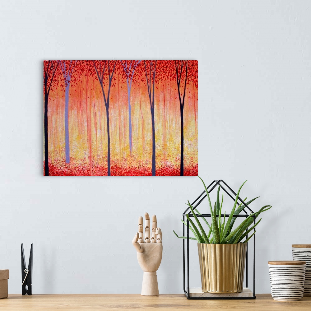 A bohemian room featuring Minimalist painting with Autumn trees and red falling leaves.