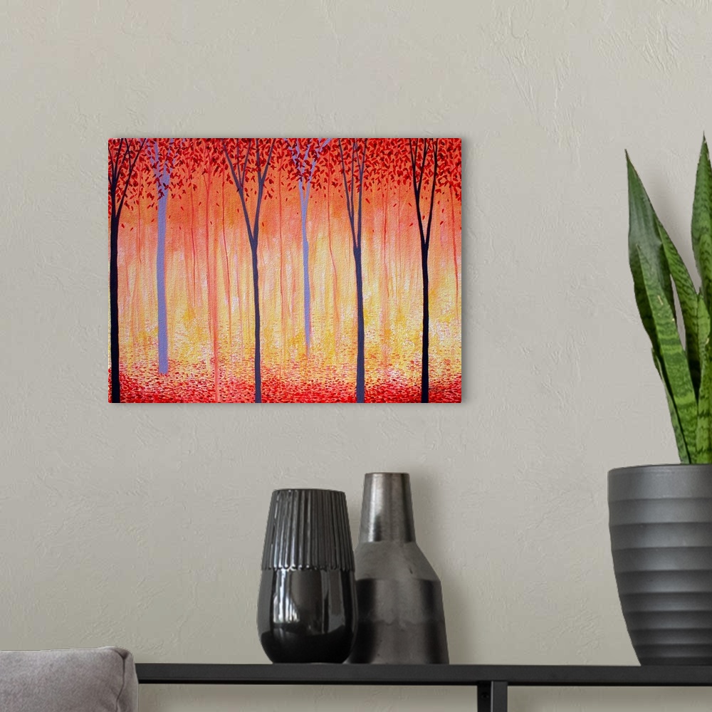 A modern room featuring Minimalist painting with Autumn trees and red falling leaves.