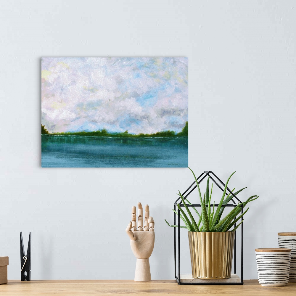 A bohemian room featuring Contemporary landscape painting of a calm and peaceful lake with green trees in the horizon and f...