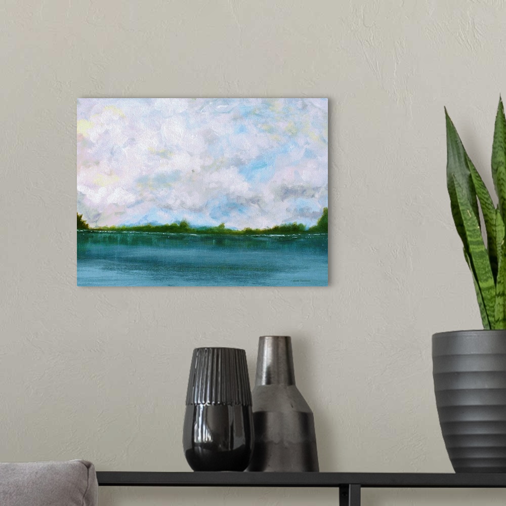 A modern room featuring Contemporary landscape painting of a calm and peaceful lake with green trees in the horizon and f...