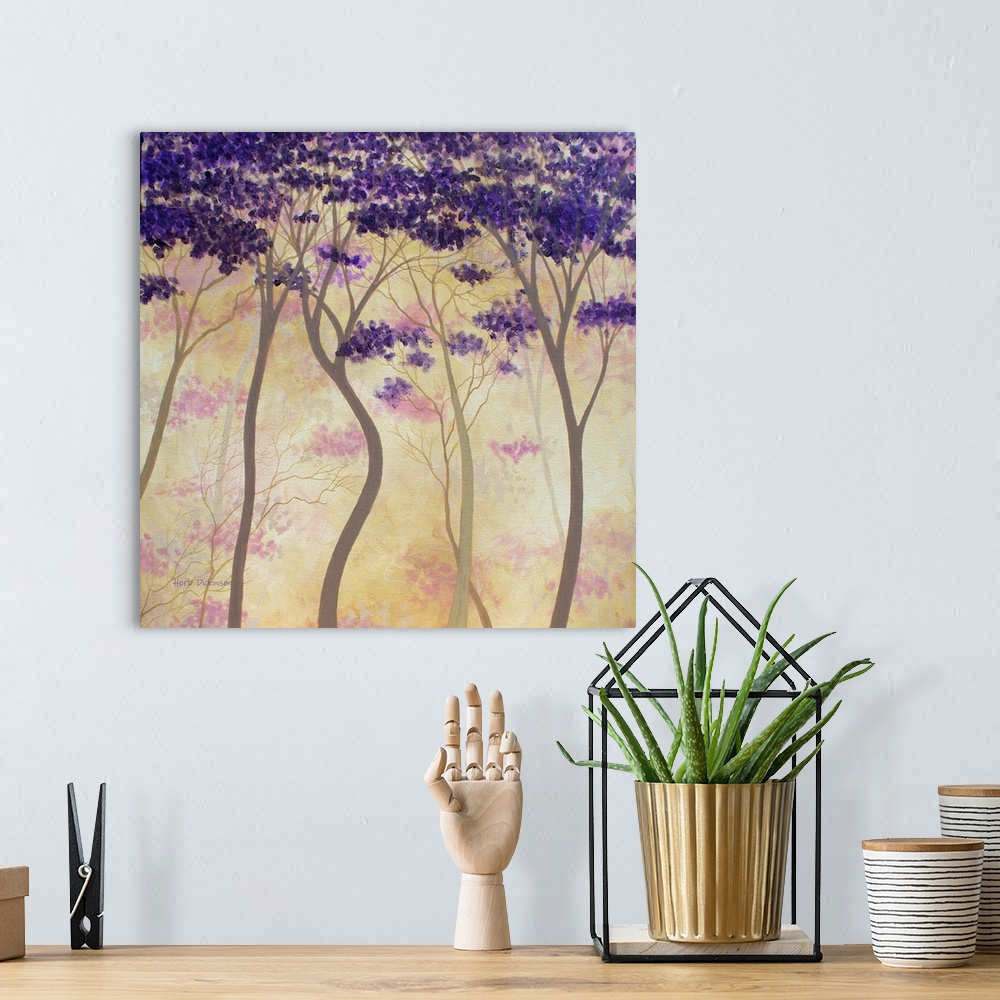 A bohemian room featuring Contemporary painting of wavy trees with bright purple leaves with an orange and yellow background.