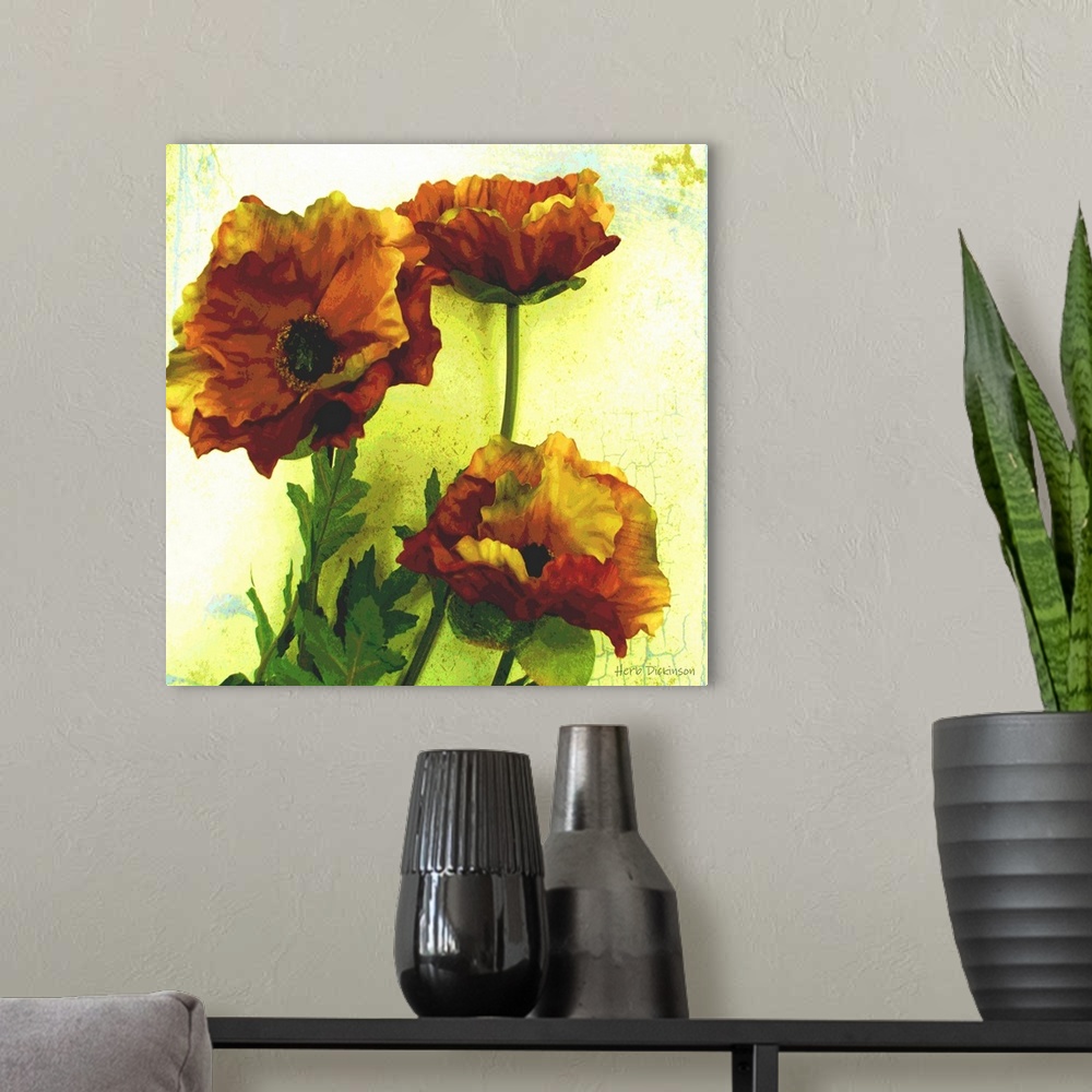 A modern room featuring Square painting of poppy flowers with an antique aged look on a green and blue background.