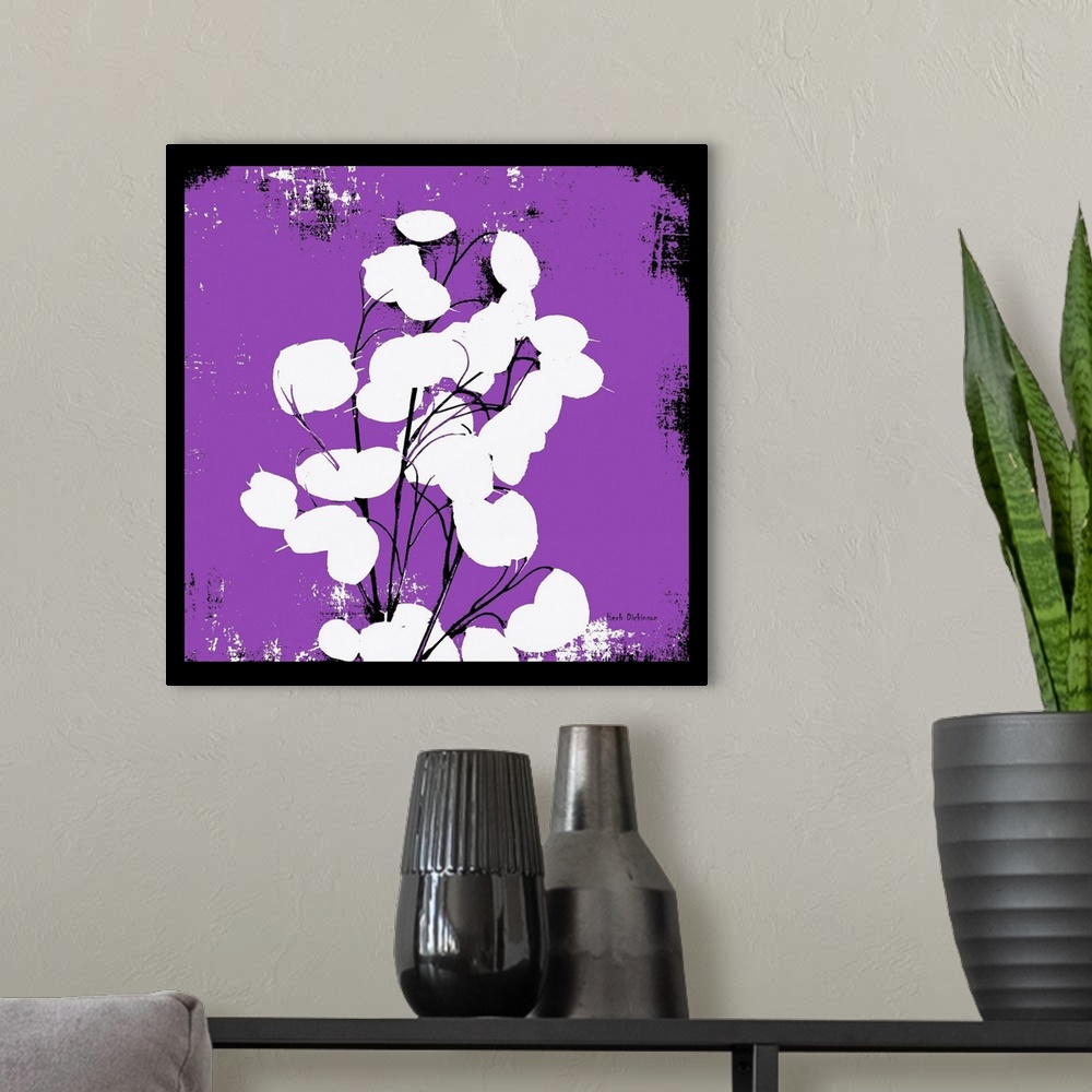 A modern room featuring Square silhouetted painting of a money plant in bright purple, black and white with a black boarder.