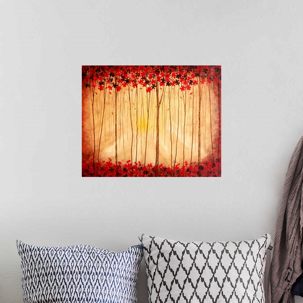 A bohemian room featuring Contemporary painting of a forest with tall, skinny trees that have red and brown puzzle pieces f...