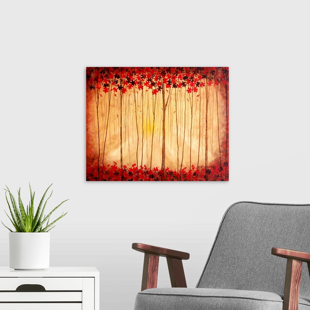 A modern room featuring Contemporary painting of a forest with tall, skinny trees that have red and brown puzzle pieces f...
