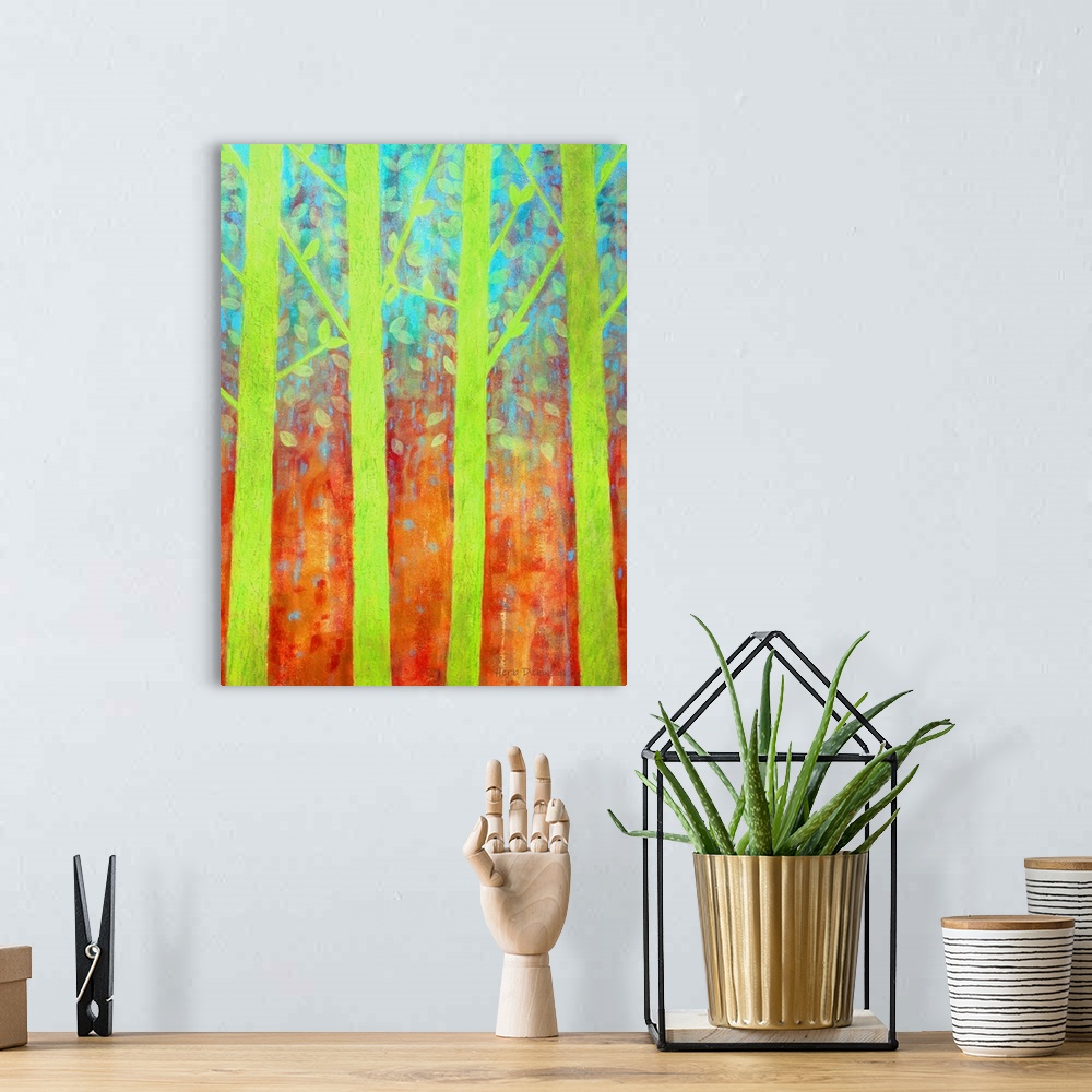 A bohemian room featuring Bright green trees with a blue, orange, and red background resembling a rain forest.