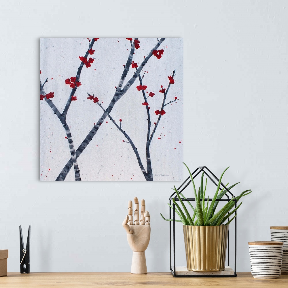 A bohemian room featuring Square painting of red blossoms on fairly bare branches in shades of gray on a light gray backgro...