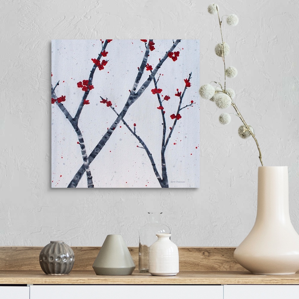A farmhouse room featuring Square painting of red blossoms on fairly bare branches in shades of gray on a light gray backgro...