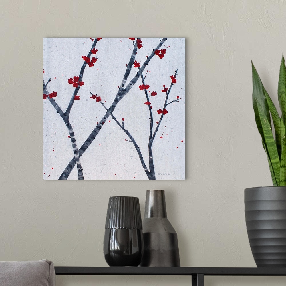 A modern room featuring Square painting of red blossoms on fairly bare branches in shades of gray on a light gray backgro...