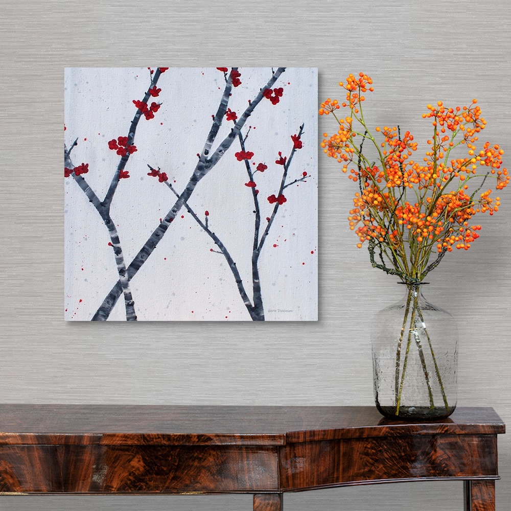 A traditional room featuring Square painting of red blossoms on fairly bare branches in shades of gray on a light gray backgro...