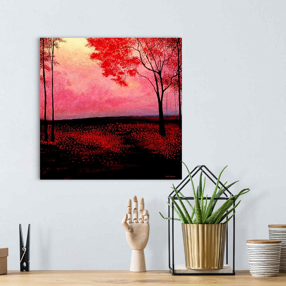 A bohemian room featuring Red forest landscape painting on a square background with dramatic black shadows.