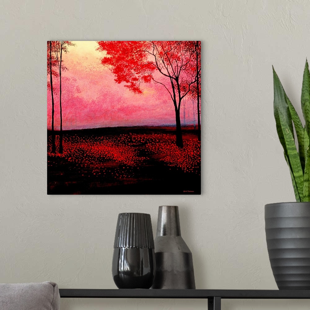 A modern room featuring Red forest landscape painting on a square background with dramatic black shadows.