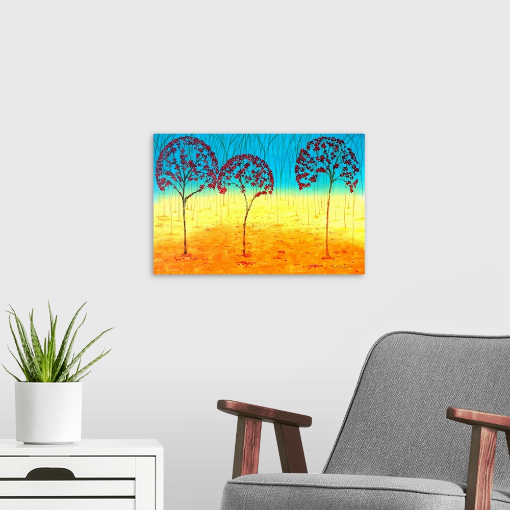 A modern room featuring Abstract landscape with red Autumn tree tops and an orange, yellow, and blue background.