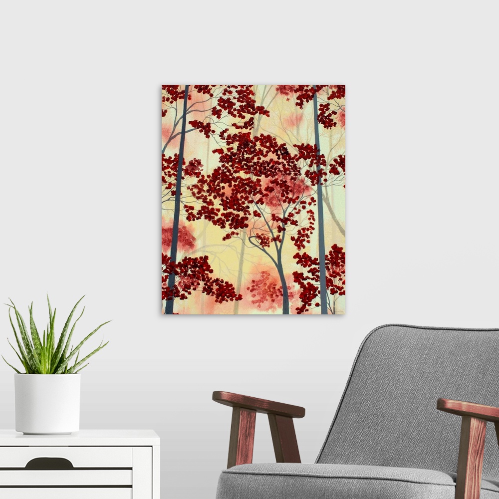 A modern room featuring Ruby red tree tops on a pale yellow background.