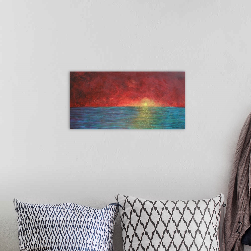 A bohemian room featuring This is a modern impressionist ocean scene. To give a serene sunset. Inspired by the tropics.