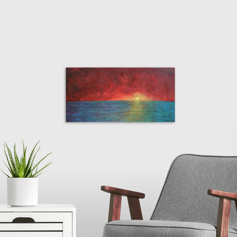 A modern room featuring This is a modern impressionist ocean scene. To give a serene sunset. Inspired by the tropics.