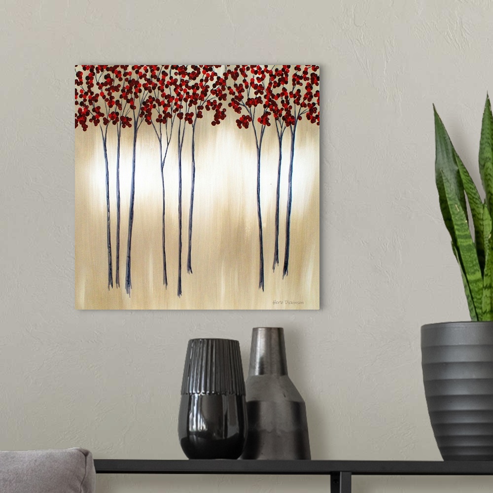 A modern room featuring Autumn trees with circular red leaves on a taupe and white streaked background.