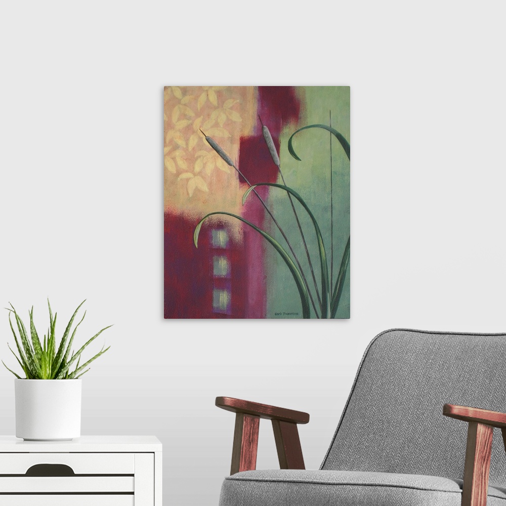 A modern room featuring Contemporary painting of a plant with cattails on a decorative green, maroon and yellow backgroun...