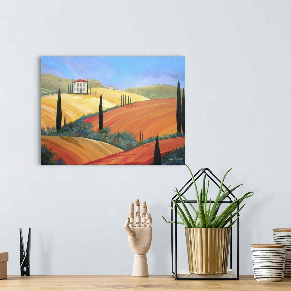 A bohemian room featuring Contemporary landscape painting of warm rolling hills in Tuscany, Italy.