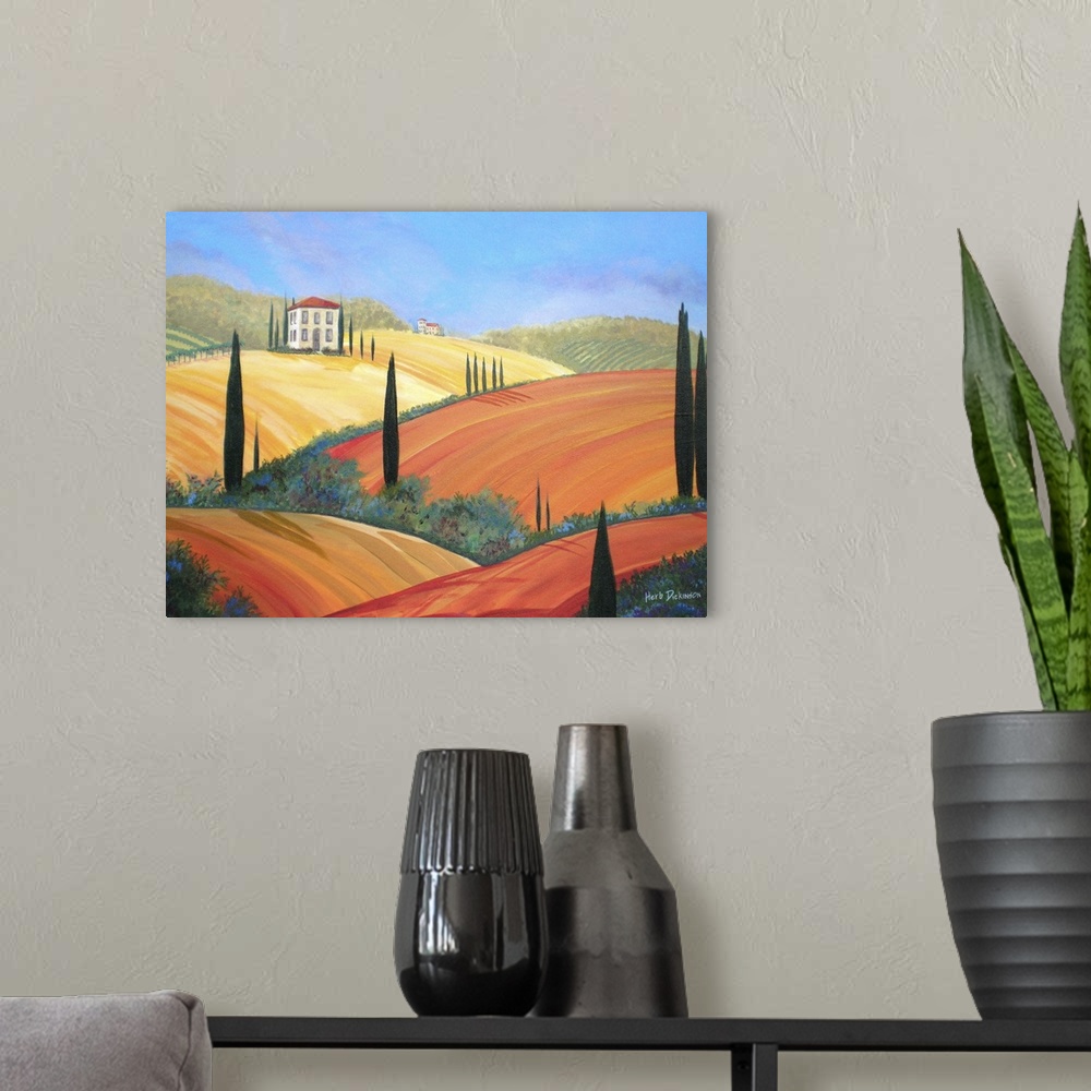 A modern room featuring Contemporary landscape painting of warm rolling hills in Tuscany, Italy.