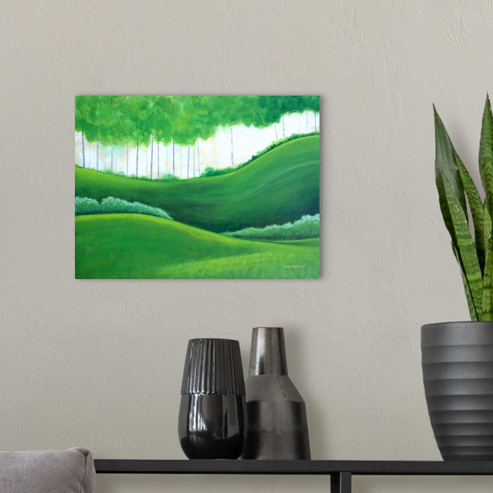 A modern room featuring Expressionist/minimalist landscape.