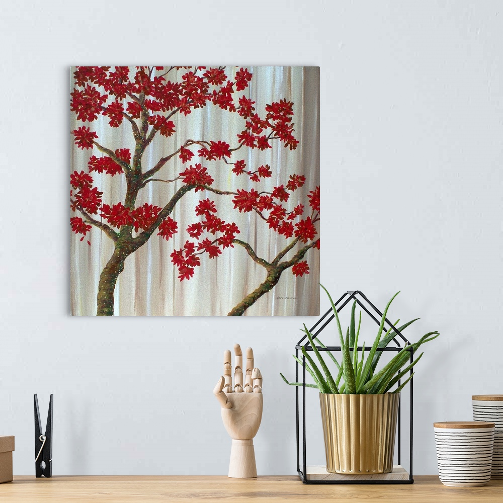 A bohemian room featuring Square painting of tree branches with red leaves on a background made with shades of brown and wh...