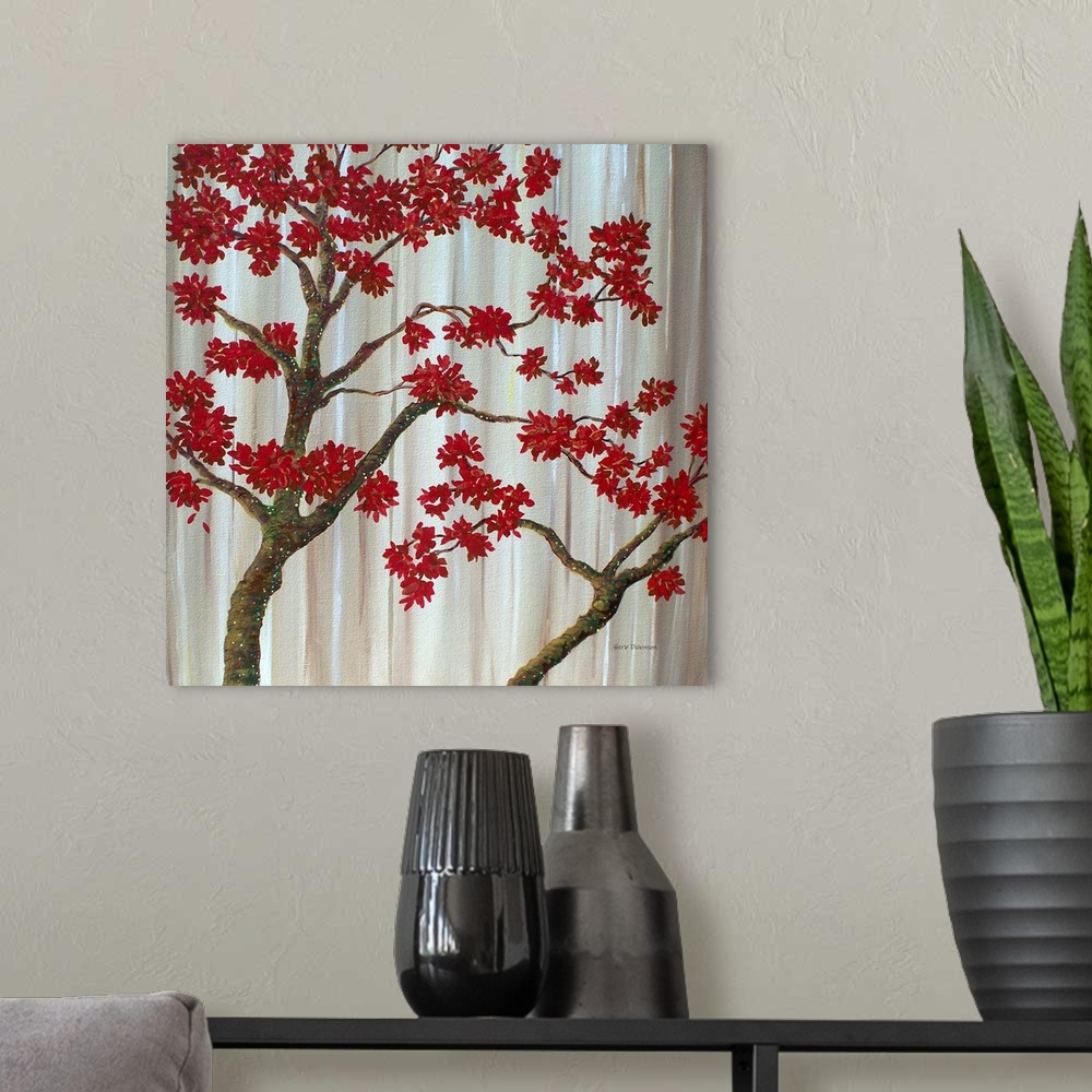 A modern room featuring Square painting of tree branches with red leaves on a background made with shades of brown and wh...