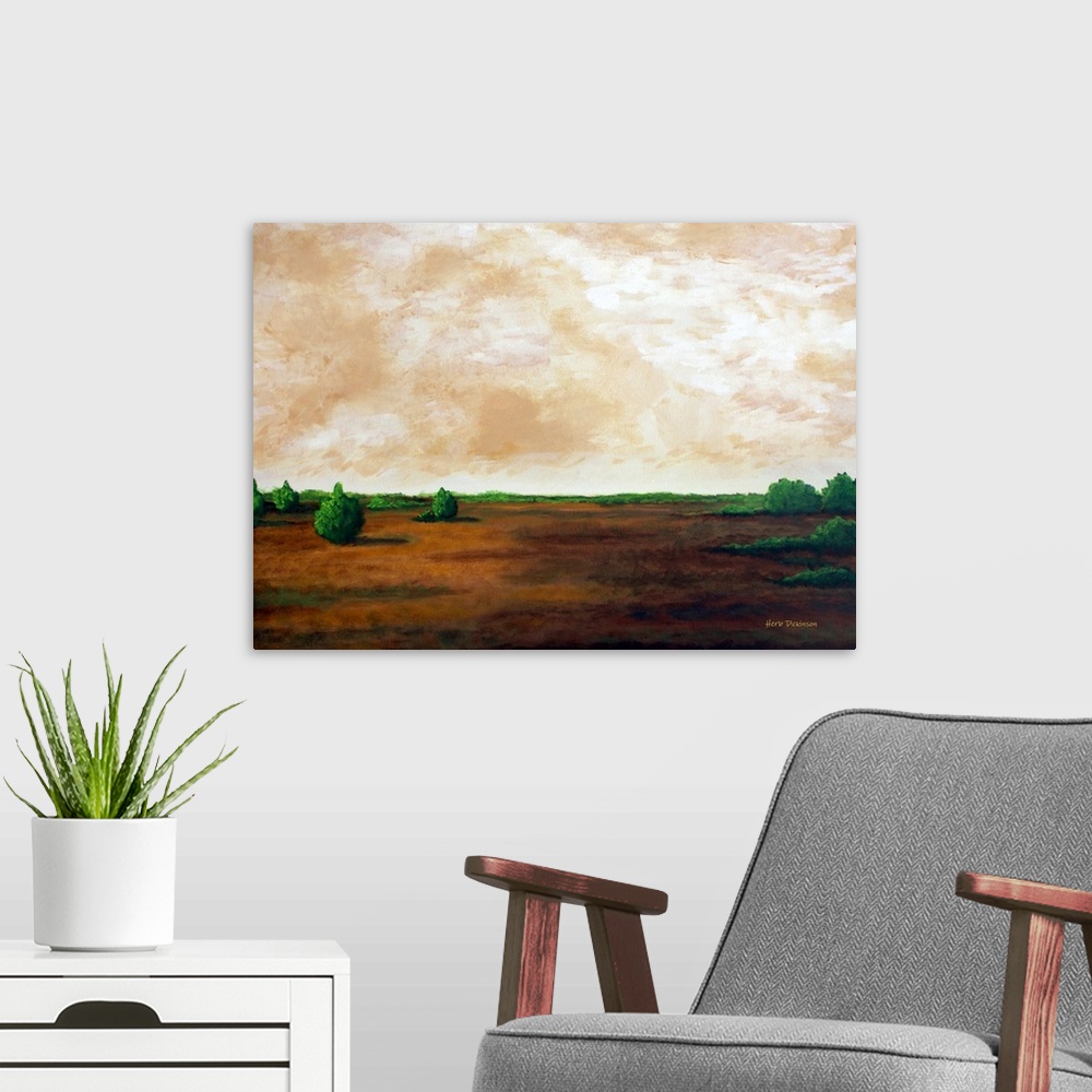 A modern room featuring Nice brown tones with accents of green in this minimalist/expressionist landscape painting will b...